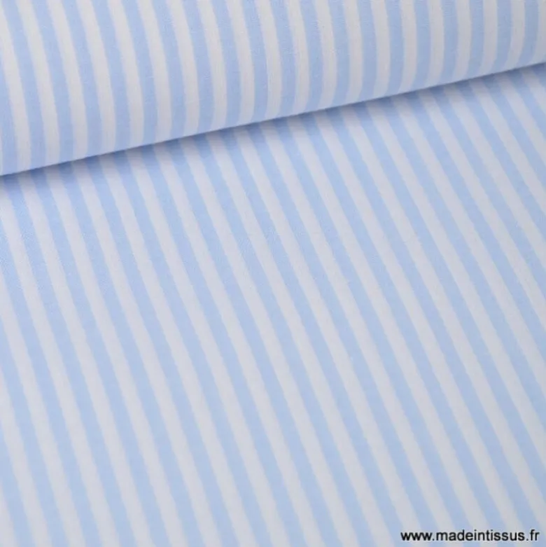 Tissu Popeline coton rayures ciel et blanches tissé teint - OEKO TEX