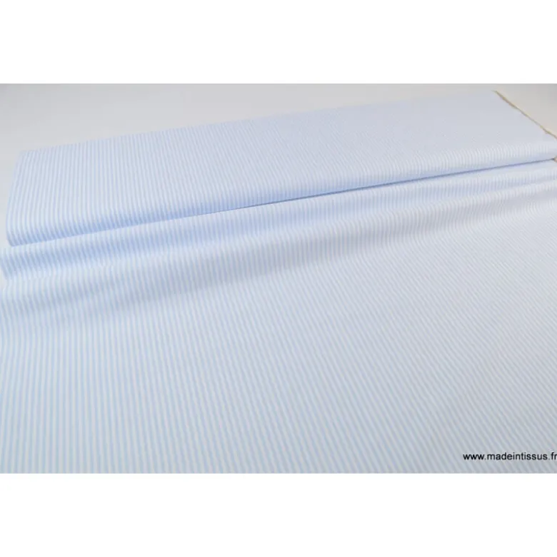 Tissu Popeline coton rayures ciel et blanches tissé teint - OEKO TEX