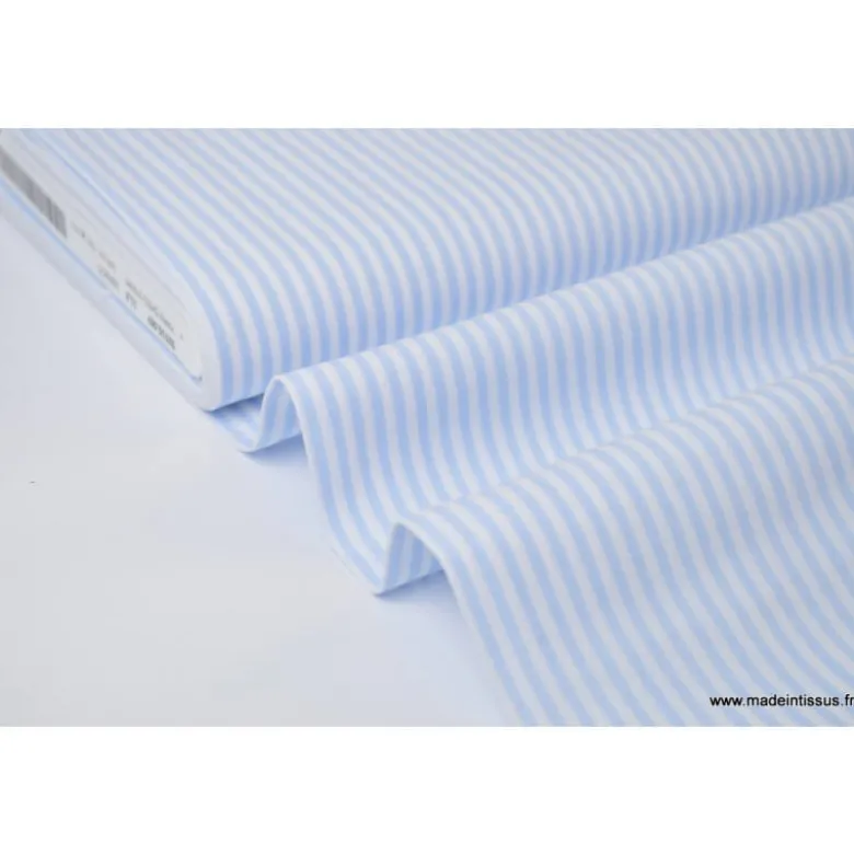 Tissu Popeline coton rayures ciel et blanches tissé teint - OEKO TEX