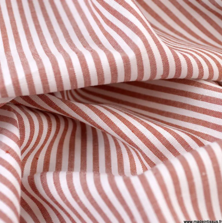 Tissu popeline coton rayures tissé teint coloris Terracotta - OEKO TEX