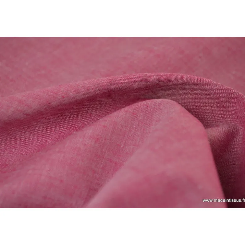 Tissu popeline coton uni tissé teint chambray coloris Cerise - OEKO TEX