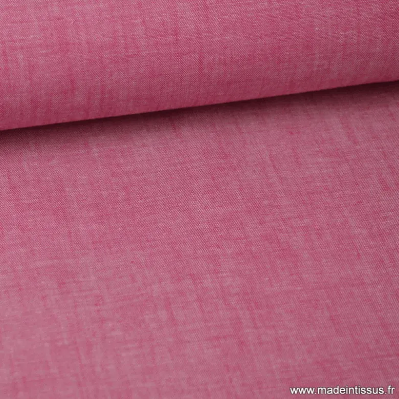 Tissu popeline coton uni tissé teint chambray coloris Cerise - OEKO TEX