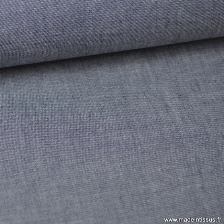 Tissu popeline coton uni tissé teint chambray coloris marine - OEKO TEX