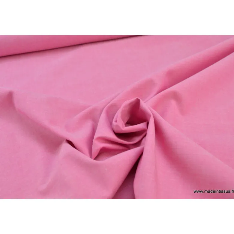 Tissu popeline coton uni tissé teint chambray coloris fuchsia