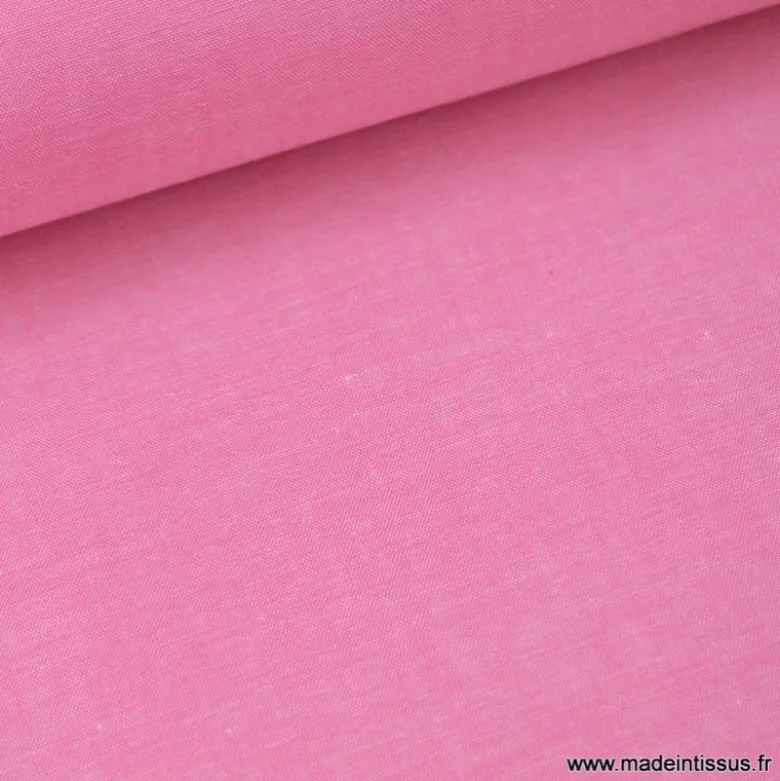 Tissu popeline coton uni tissé teint chambray coloris fuchsia