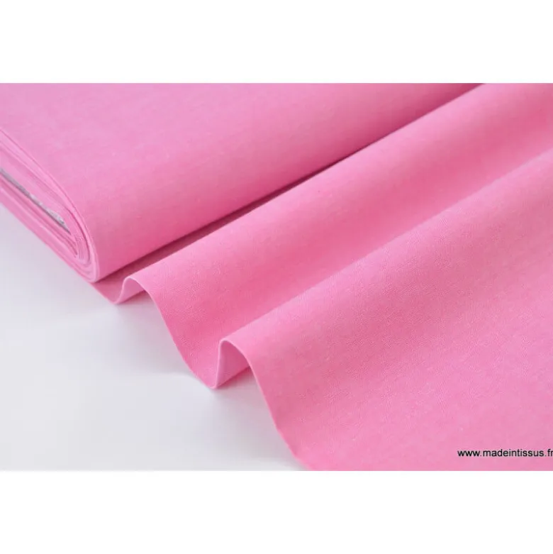 Tissu popeline coton uni tissé teint chambray coloris fuchsia