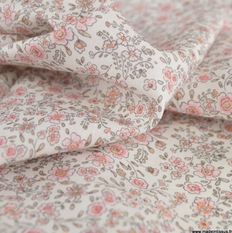 Tissu Popeline de Coton Bio – Fleurs Roses & Beige – Oeko-Tex