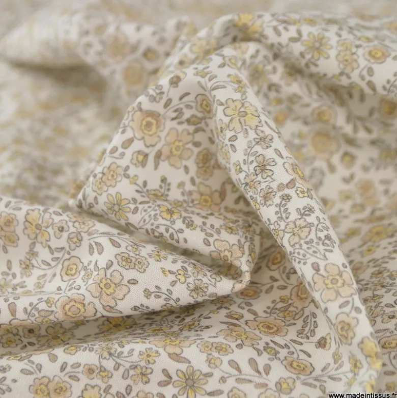 Tissu Popeline de Coton Bio Fleurs Beige – Oeko-Tex