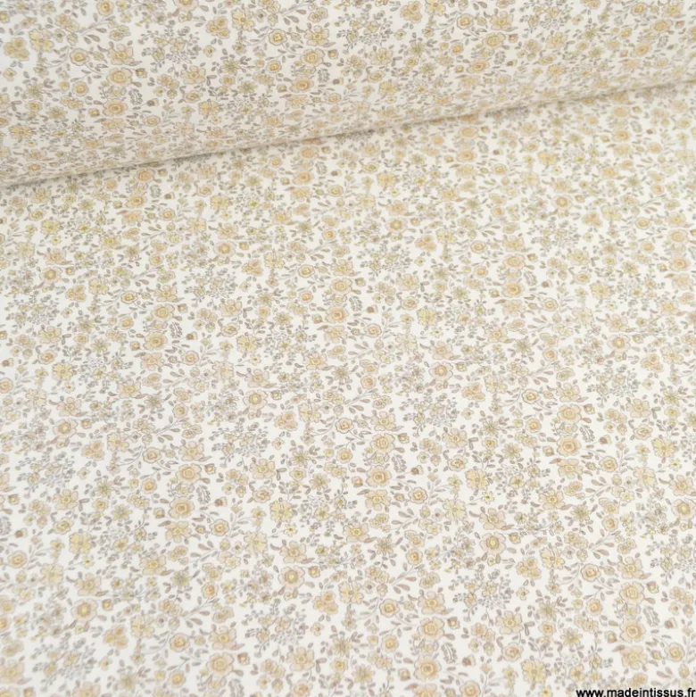 Tissu Popeline de Coton Bio Fleurs Beige – Oeko-Tex