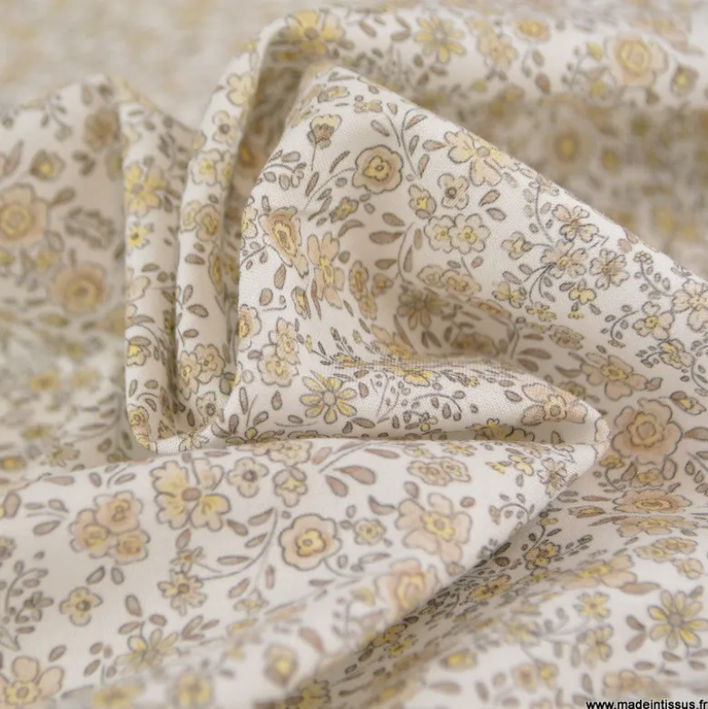 Tissu Popeline de Coton Bio Fleurs Beige – Oeko-Tex