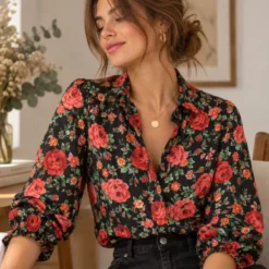 Tissu popeline de coton Campesina motif roses rouges fond noir