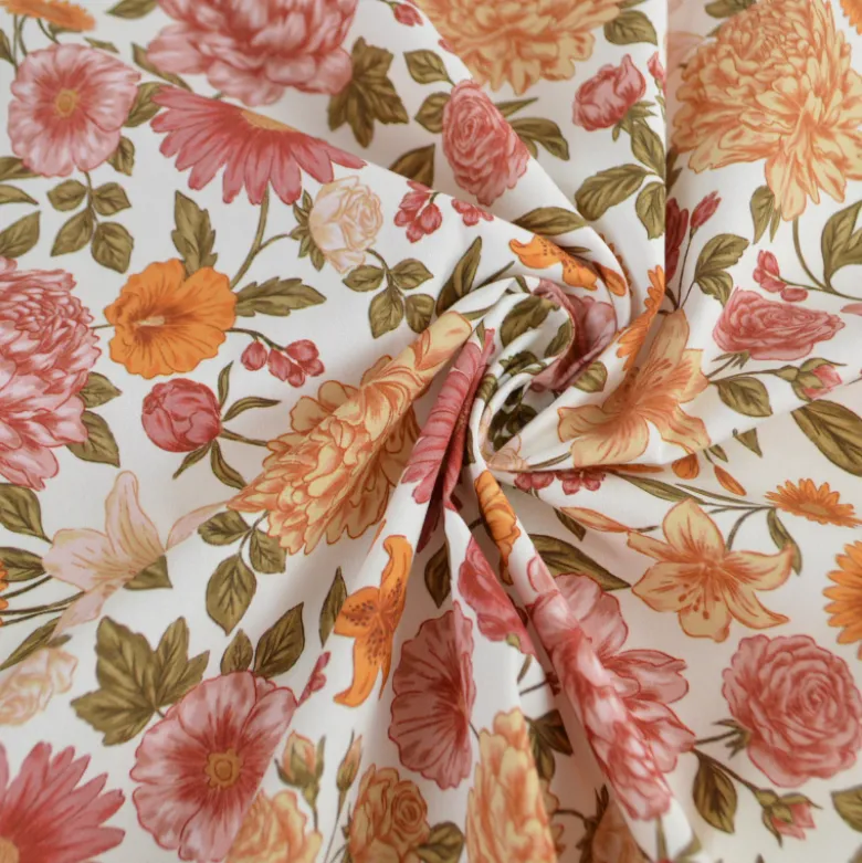 Tissu Popeline de coton Elisabeth motif fleurs rose et abricot - OEKO TEX