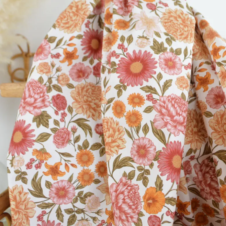 Tissu Popeline de coton Elisabeth motif fleurs rose et abricot - OEKO TEX