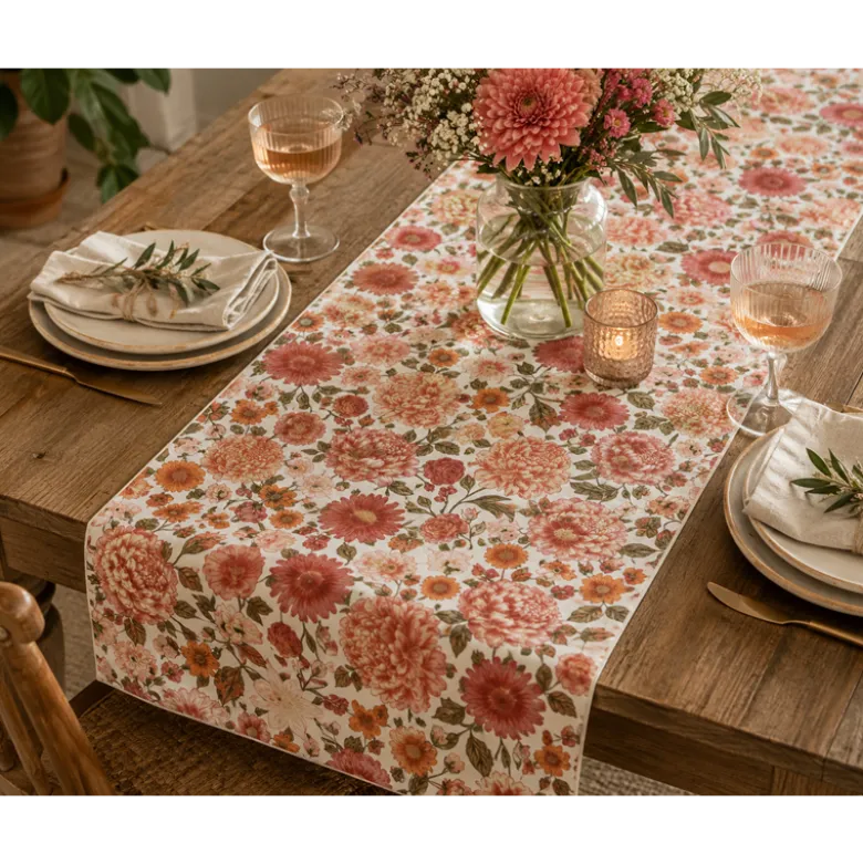 Tissu Popeline de coton Elisabeth motif fleurs rose et abricot - OEKO TEX