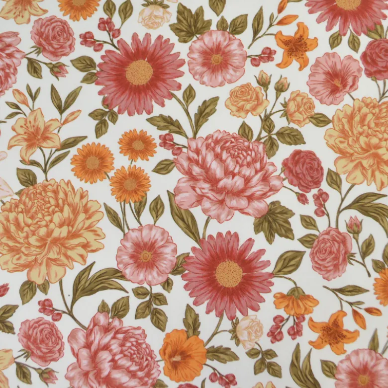 Tissu Popeline de coton Elisabeth motif fleurs rose et abricot - OEKO TEX