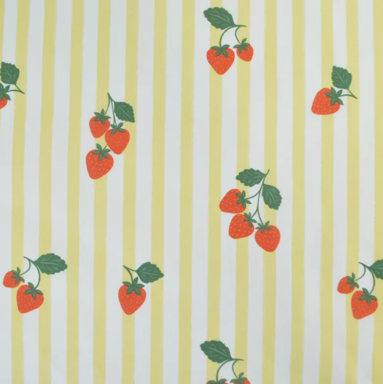 Tissu Popeline de coton Gariguette motif fraises et rayures jaunes - OEKO TEX