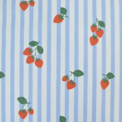 Tissu Popeline de coton Gariguette motif fraises et rayures bleues - OEKO TEX