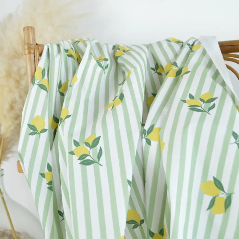 Tissu Popeline de coton Limoncello motif citrons et rayures amande - OEKO TEX
