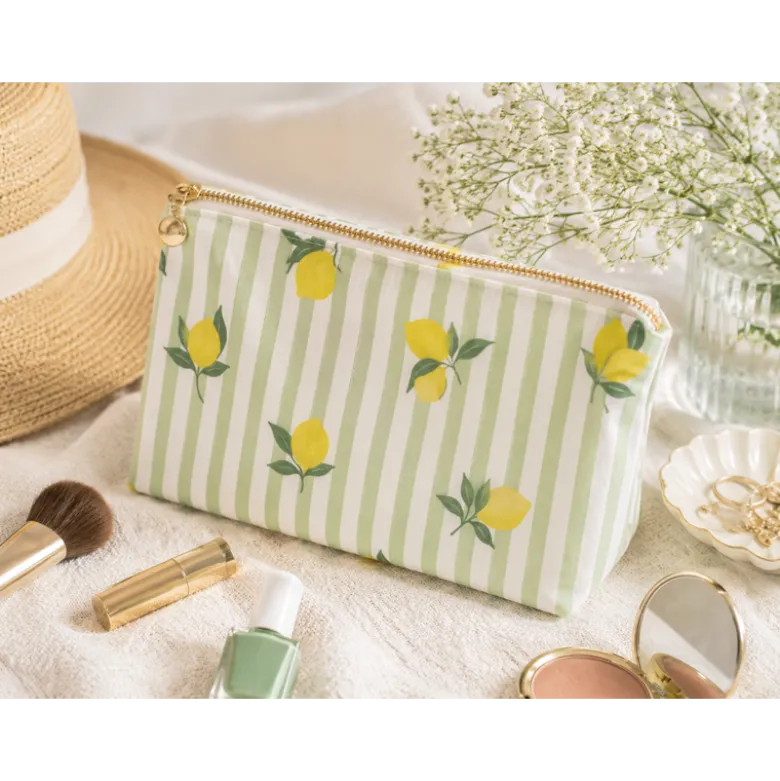 Tissu Popeline de coton Limoncello motif citrons et rayures amande - OEKO TEX