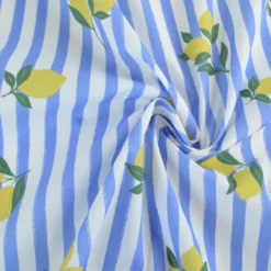 Tissu Popeline de coton Limoncello motif citrons et rayures bleues - OEKO TEX