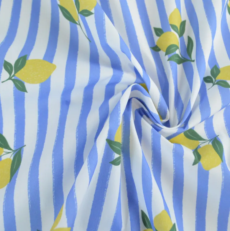 Tissu Popeline de coton Limoncello motif citrons et rayures bleues - OEKO TEX