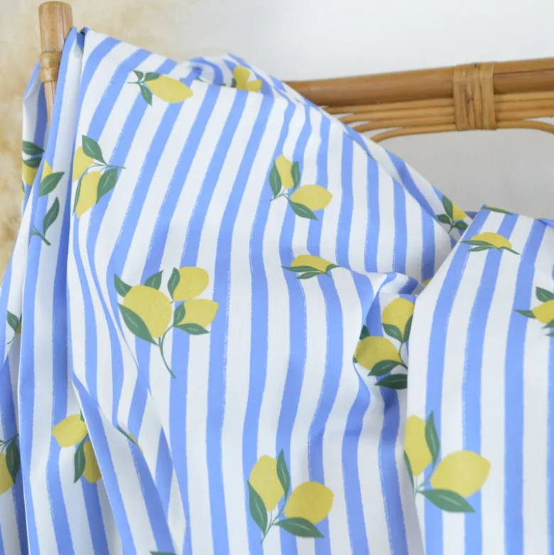 Tissu Popeline de coton Limoncello motif citrons et rayures bleues - OEKO TEX