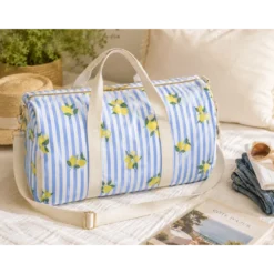 Tissu Popeline de coton Limoncello motif citrons et rayures bleues - OEKO TEX