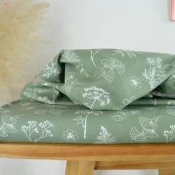 Tissu Popeline de coton motif Herbier fond vert olive - OEKO TEX