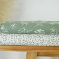 Tissu Popeline de coton motif Herbier fond vert olive - OEKO TEX