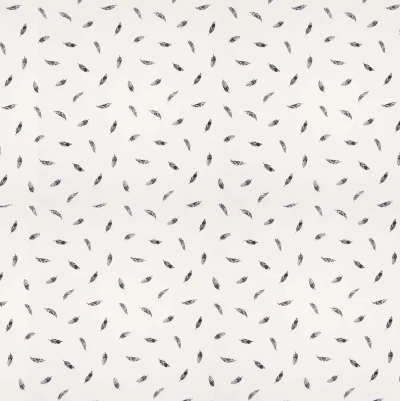 Tissu popeline de coton motif plumes fond blanc