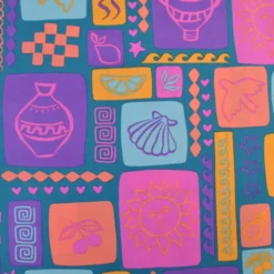 Tissu popeline de coton Poppy – motif patchwork d'été fond pétrole