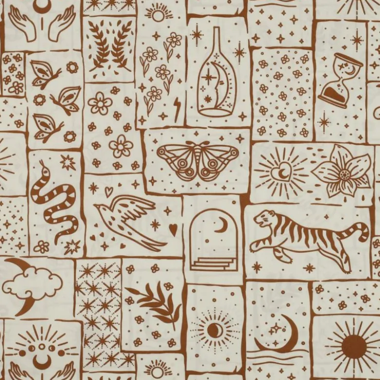 Tissu popeline de coton Poppy – motif ésotérique Solena – fond blanc cassé