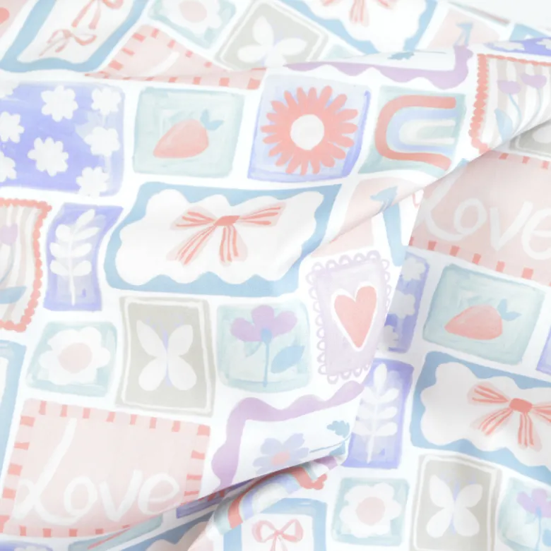 Tissu popeline de coton Poppy – motif patchwork Love Lilas