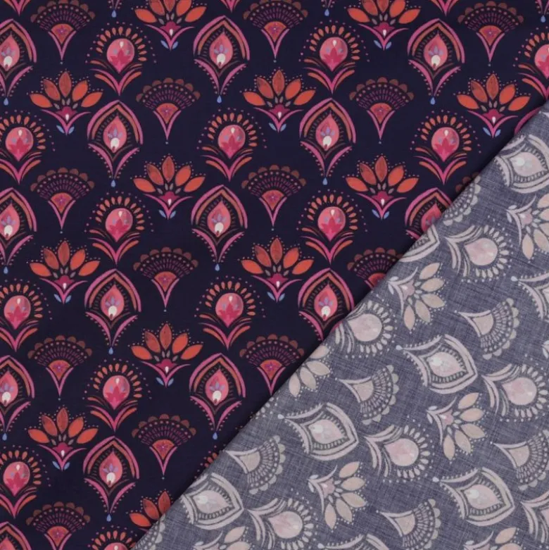 Tissu popeline de coton Poppy – Motif Nayana fond bleu marine – Oeko-Tex