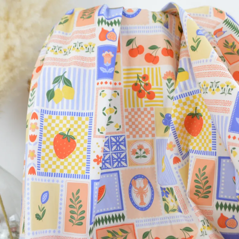 Tissu Popeline de coton Solea motif Patchwork jaune et bleu - OEKO TEX