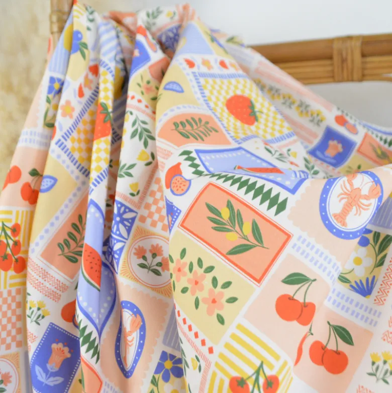 Tissu Popeline de coton Solea motif Patchwork jaune et bleu - OEKO TEX