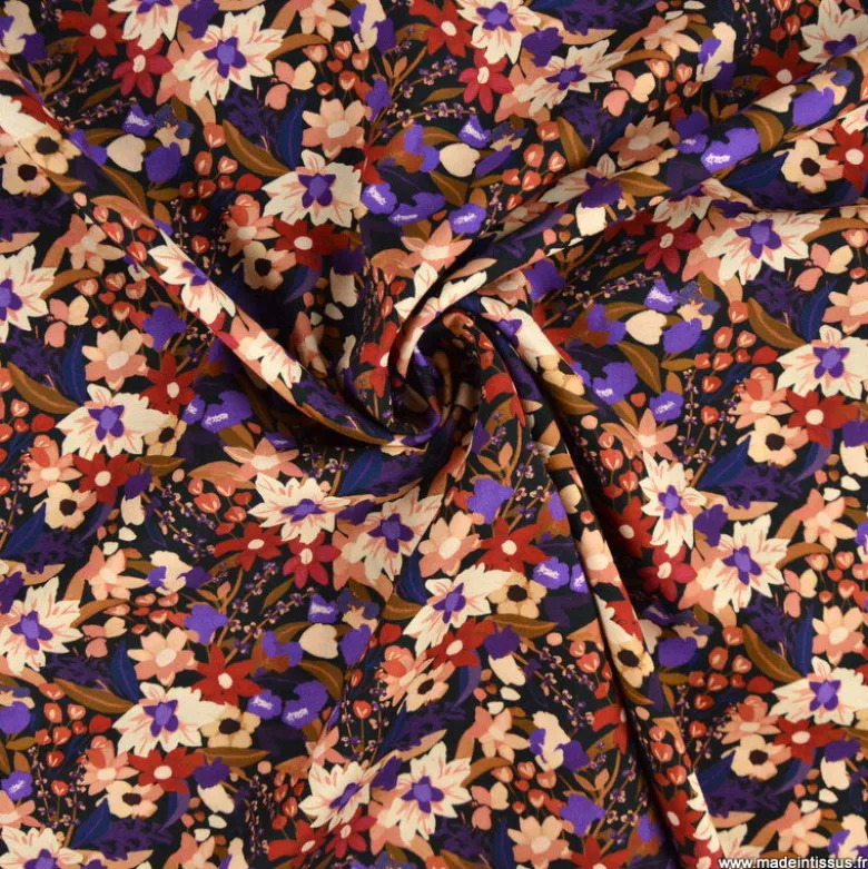 Tissu popeline de viscose Aozy - motif fleurs violettes fond noir