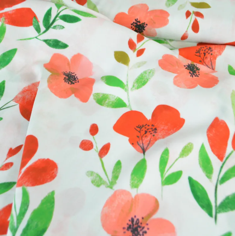 Tissu popeline de viscose Bilbao - motif fleurs rouges et vertes