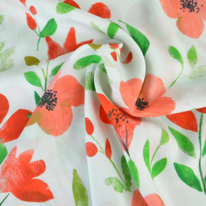 Tissu popeline de viscose Bilbao - motif fleurs rouges et vertes