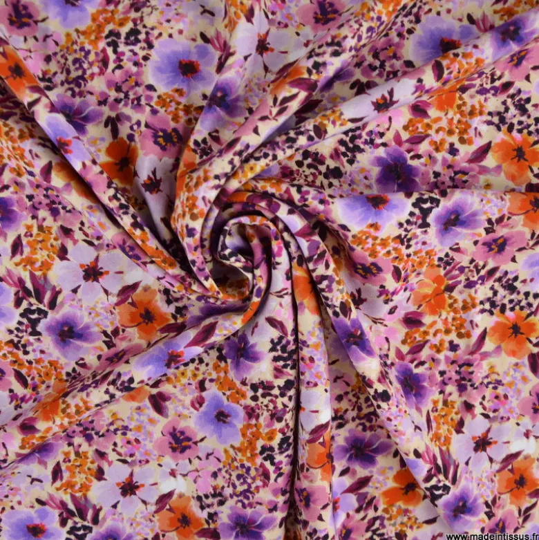 Tissu popeline de viscose Giada - motif fleurs violettes et oranges