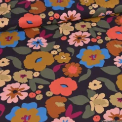 Tissu popeline de viscose Jano - motif fleurs Aubergine et cerise