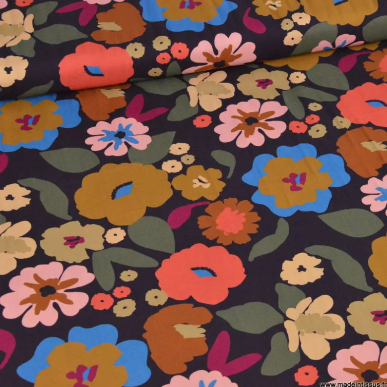 Tissu popeline de viscose Jano - motif fleurs Aubergine et cerise
