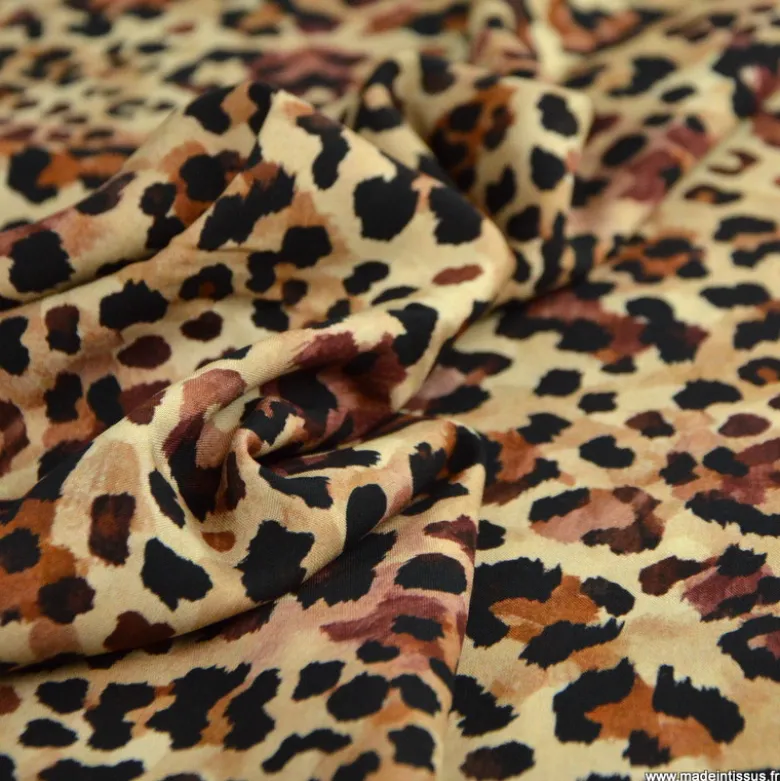 Tissu popeline de viscose Leolynx motif léopard chocolat fond beige