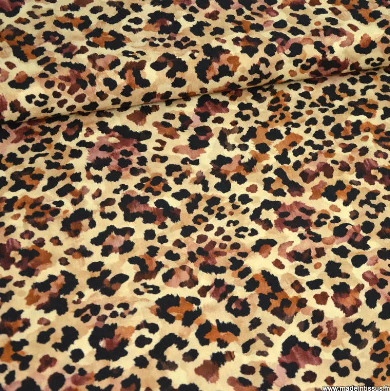 Tissu popeline de viscose Leolynx motif léopard chocolat fond beige