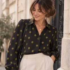 Tissu popeline de viscose Peyton motif pois Olive fond écorce