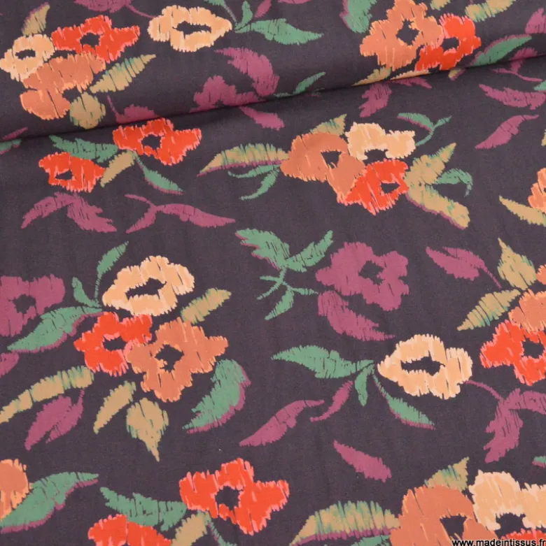 Tissu popeline de viscose Silawe - motif fleurs camel fond Aubergine