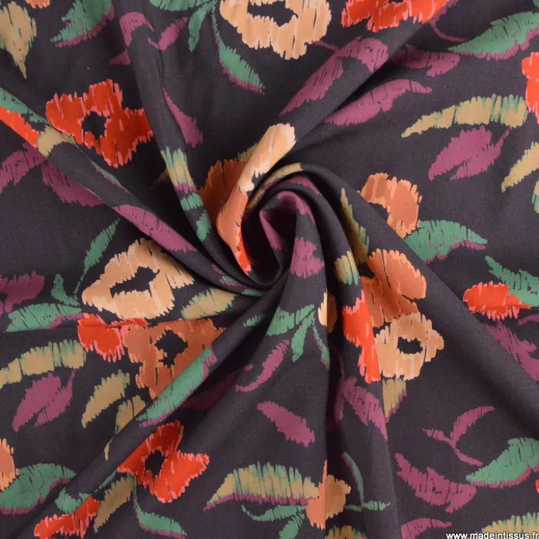 Tissu popeline de viscose Silawe - motif fleurs camel fond Aubergine