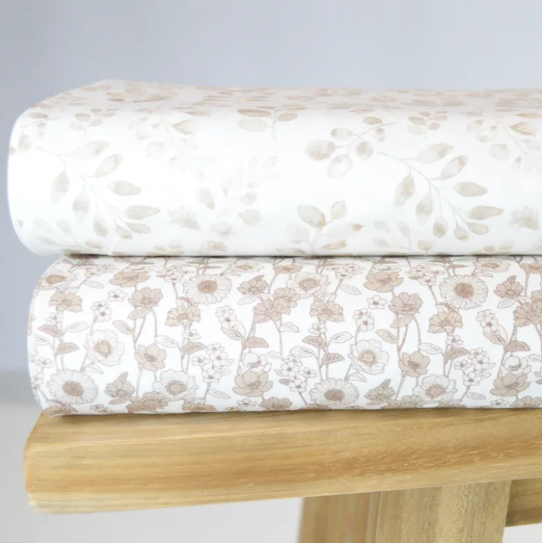 Tissu popeline Eglantine fleurs beige fond blanc