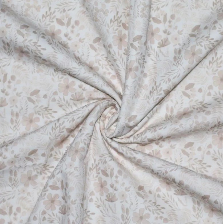 Tissu popeline Ernestine fleurs beige fond blanc