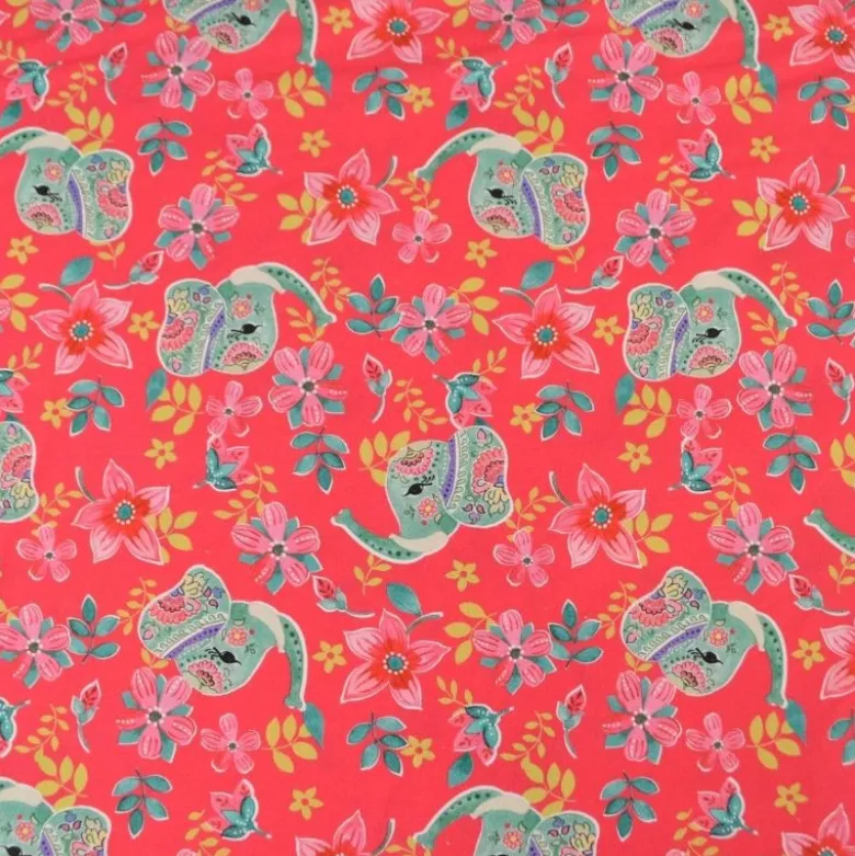 Tissu Popeline Indian Elephants - Corail